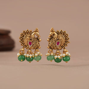 Stone drop antique gold peacock earring
