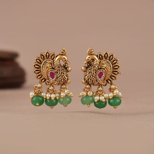 Stone drop antique gold peacock earring