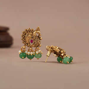 Stone drop antique gold peacock earring