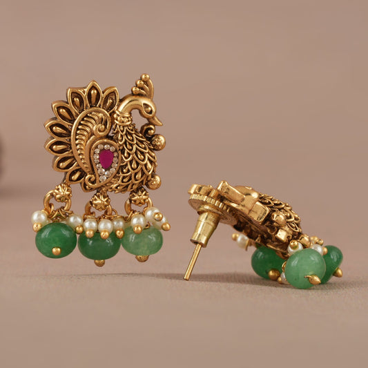 Stone drop antique gold peacock earring