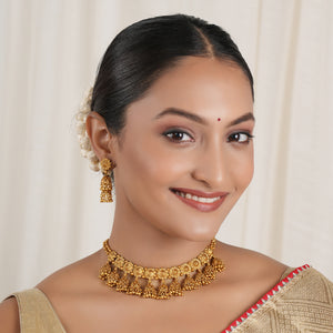 Stunning antique gold plain jhumka necklace set