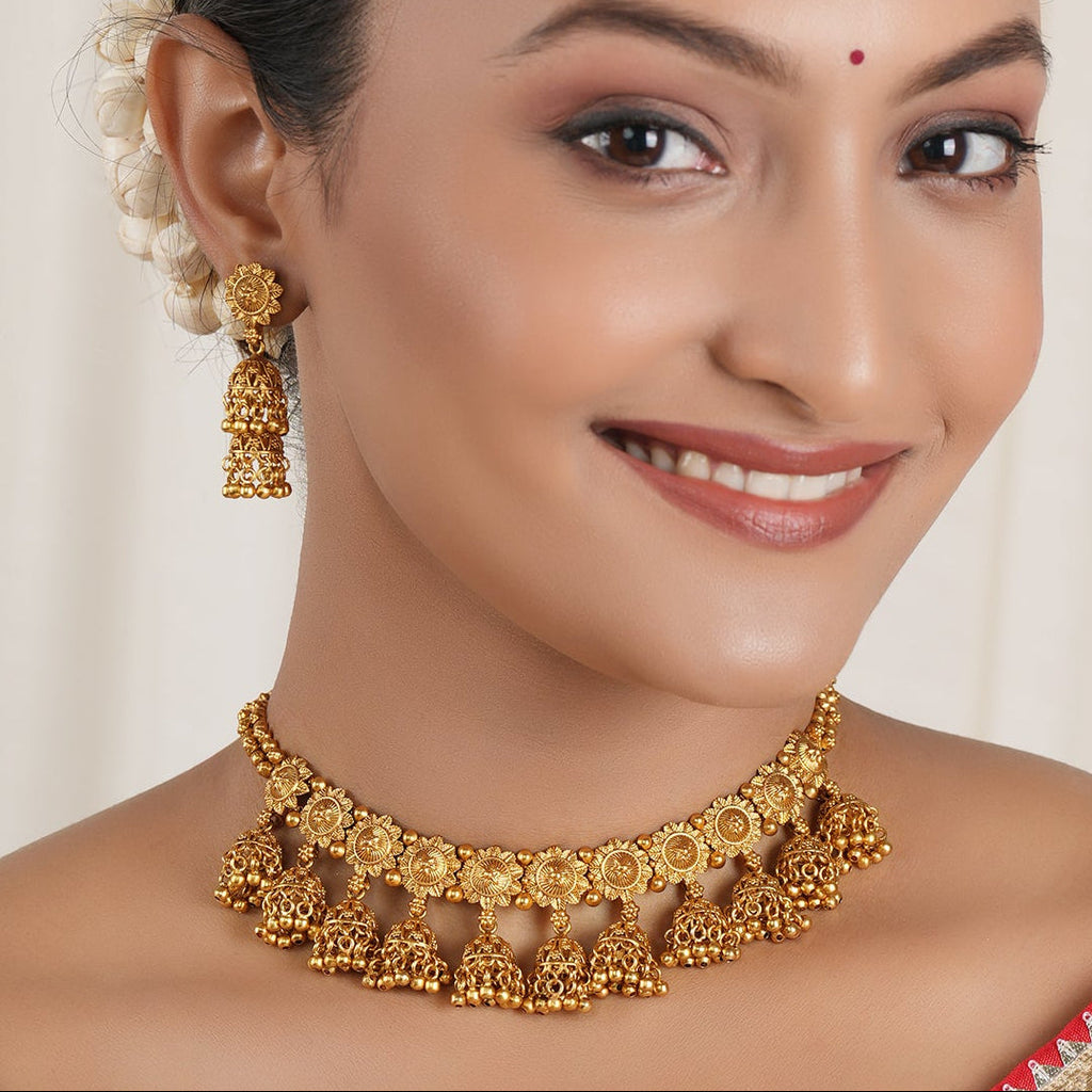 Stunning antique gold plain jhumka necklace set