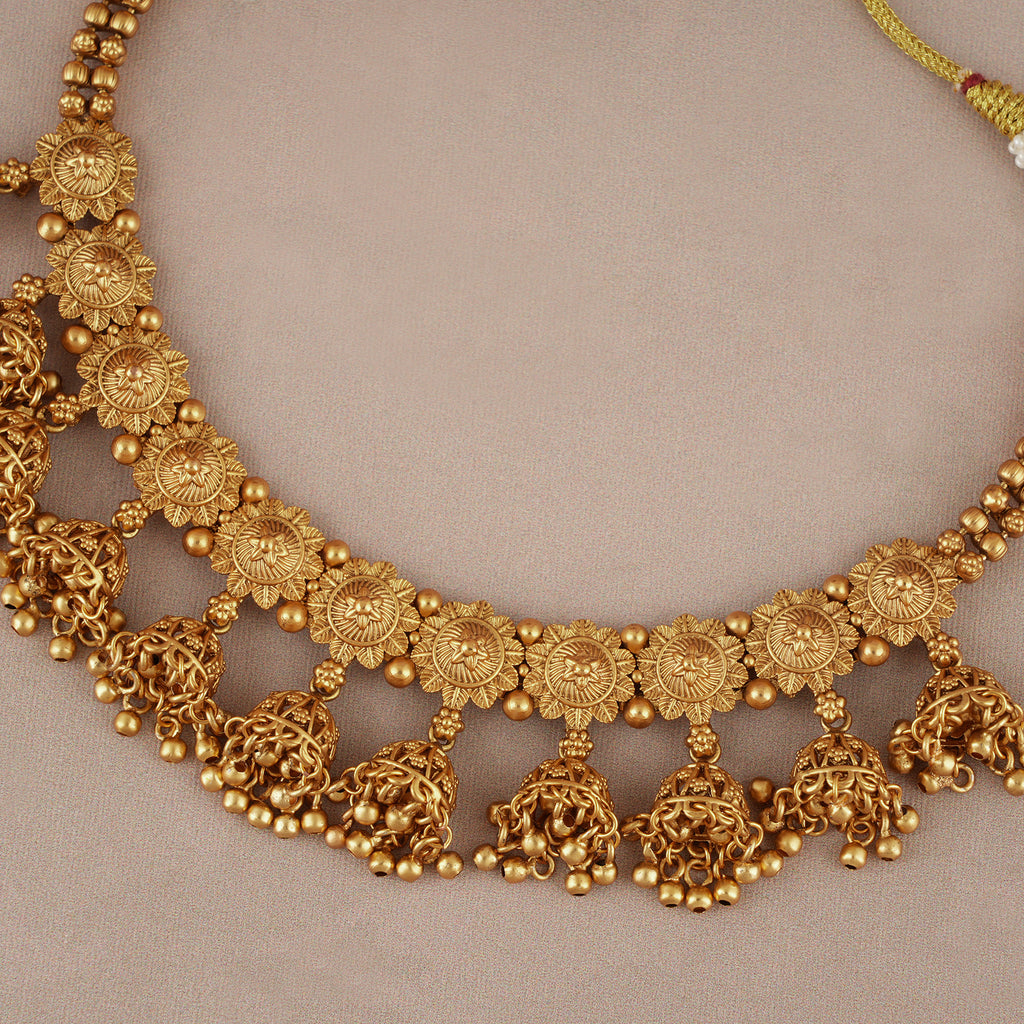 Stunning antique gold plain jhumka necklace set