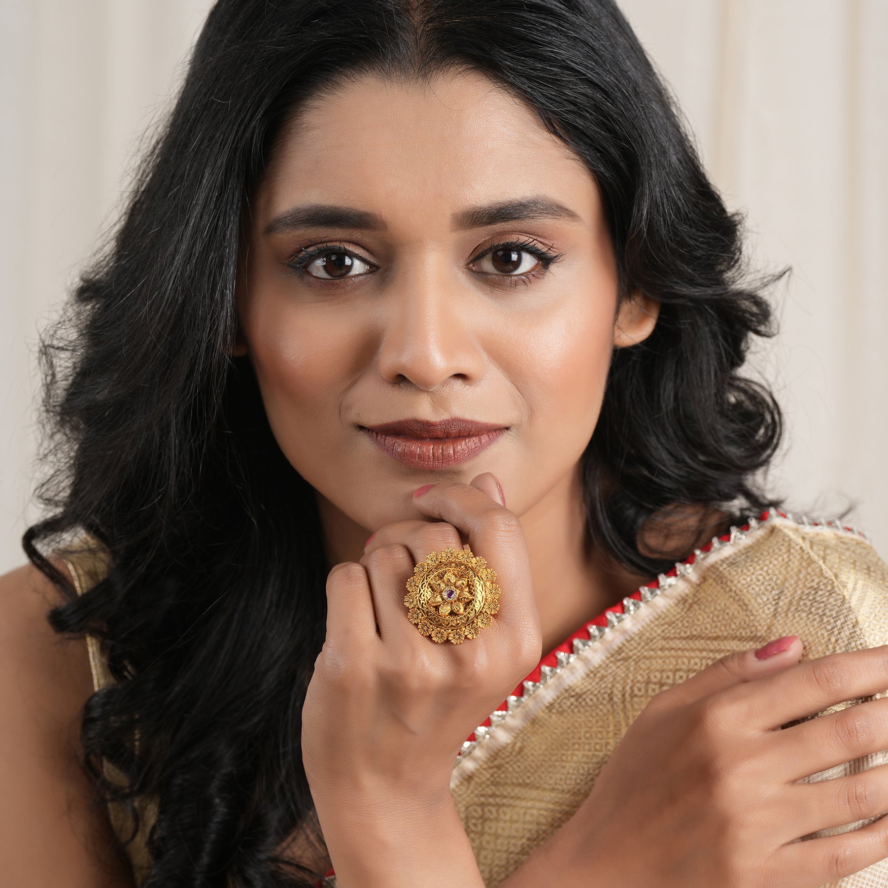 Beautiful antique gold floral ruby stone adjustable finger ring