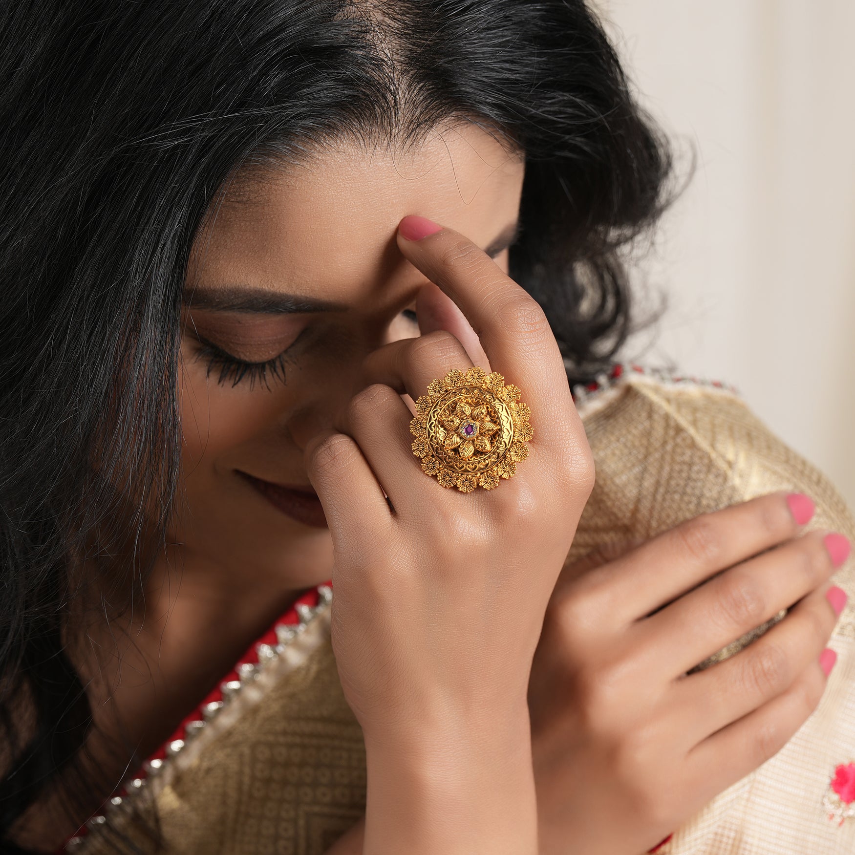 Beautiful antique gold floral ruby stone adjustable finger ring