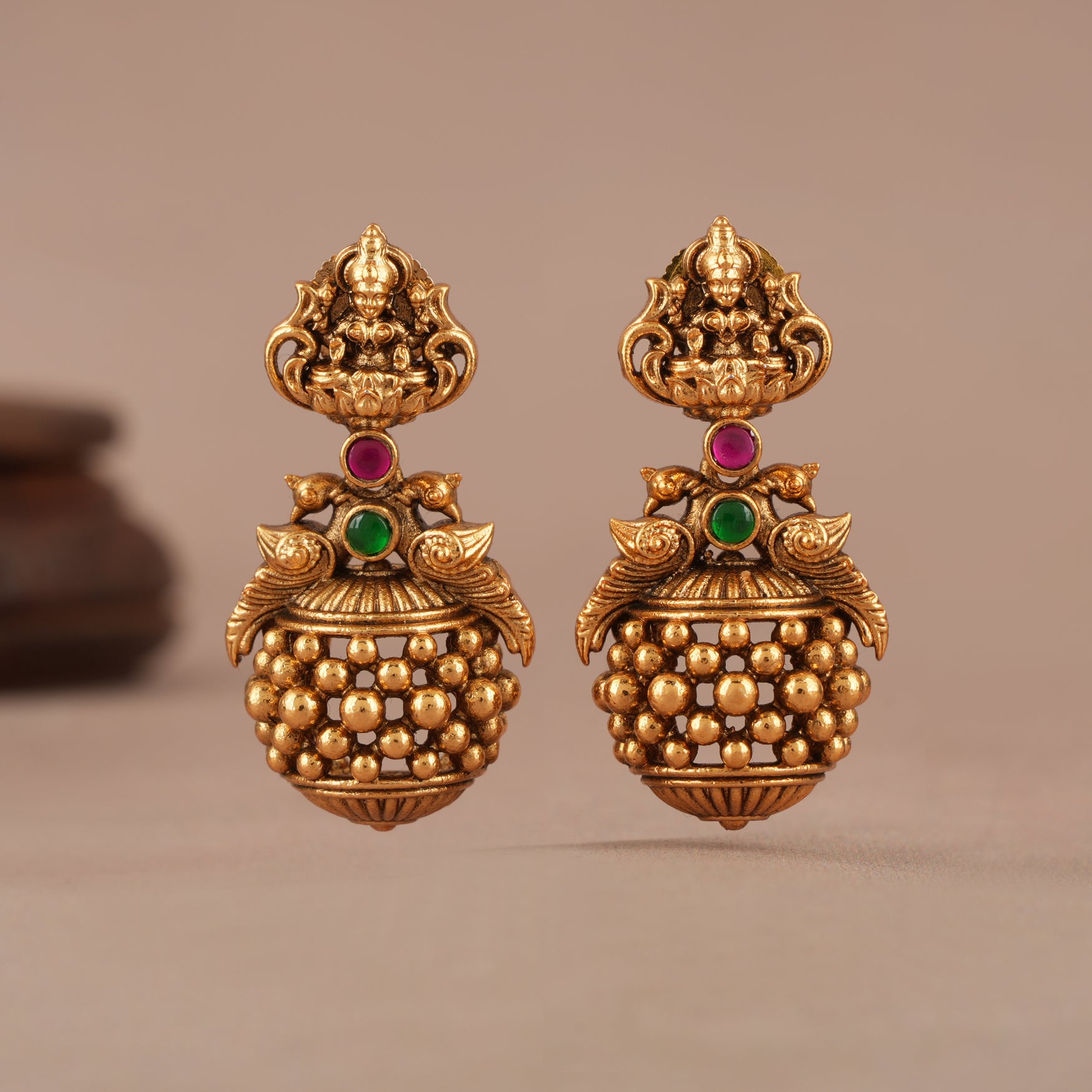 Elegant antique gold maa lakshmi stone earring I Temple Jewellery