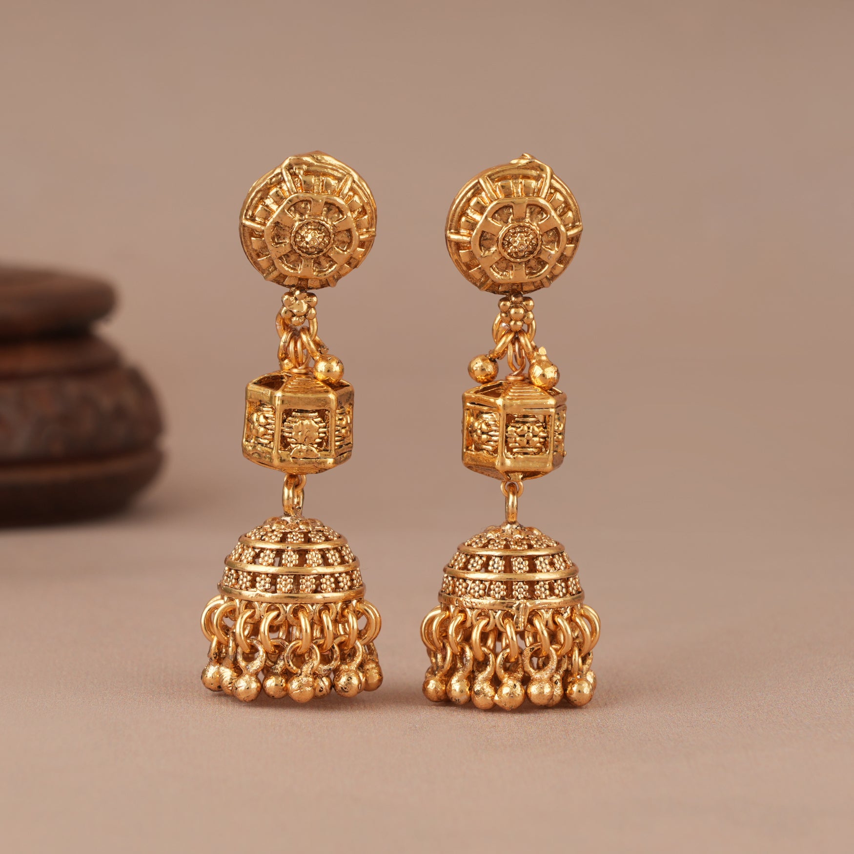 Long beautiful plain antique gold string necklace set