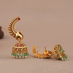 Stunning stone drop antique gold jhumka earring