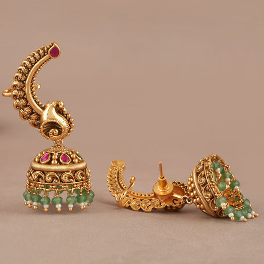 Stunning stone drop antique gold jhumka earring