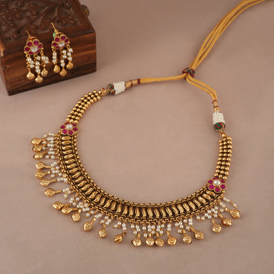 Stunning antique gold pearl drop choker necklace set