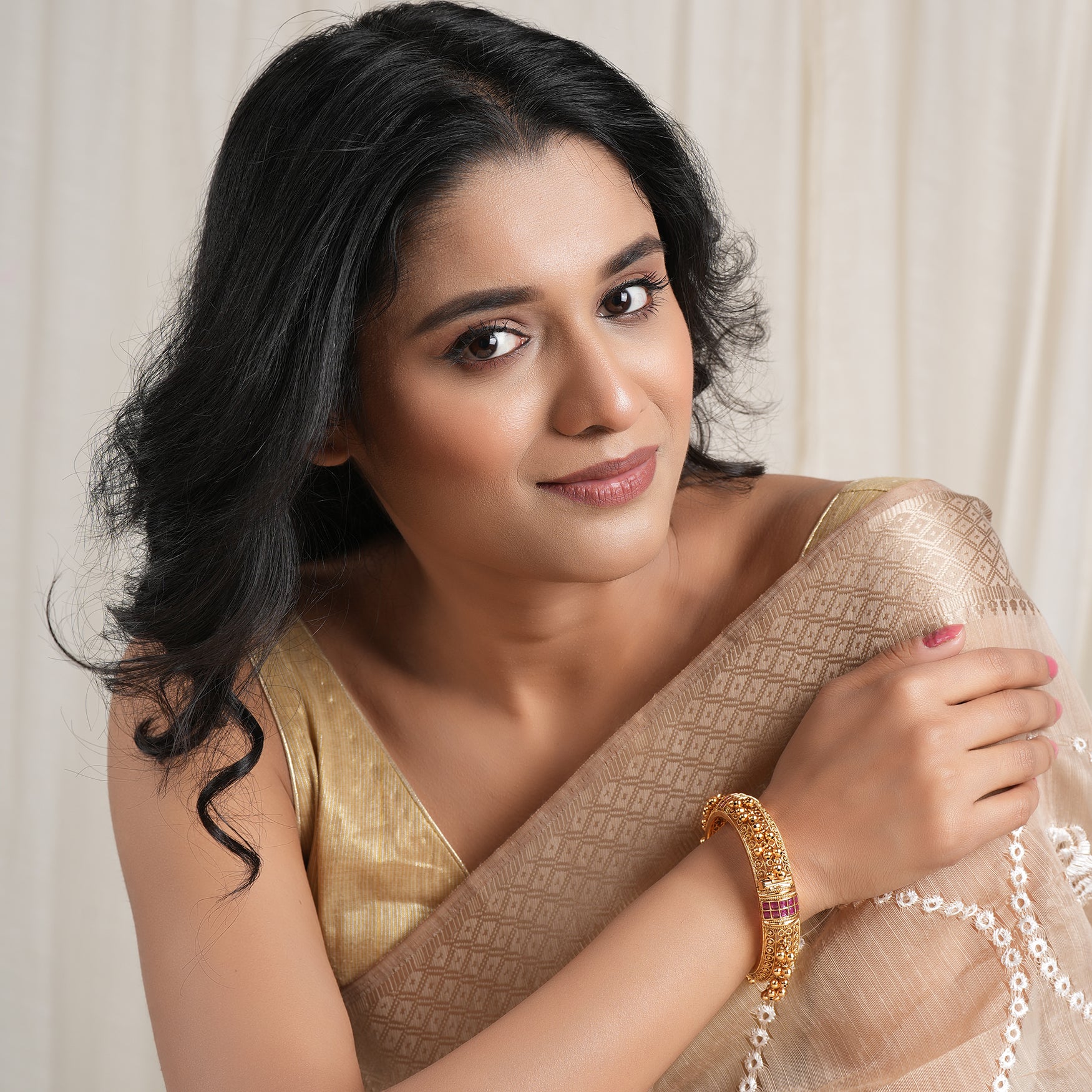 Broad antique gold ruby stone kada bangle