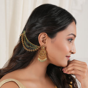 Amazing emerald antique gold three layer ear chain