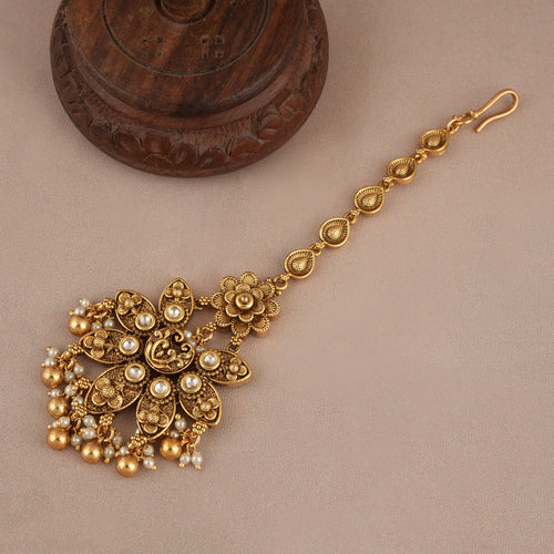Antique Gold Big Size Kundan Floral Maangtika