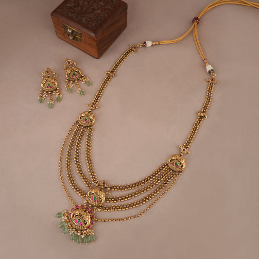 Beautiful long stone antique gold elephant layer neckalce set