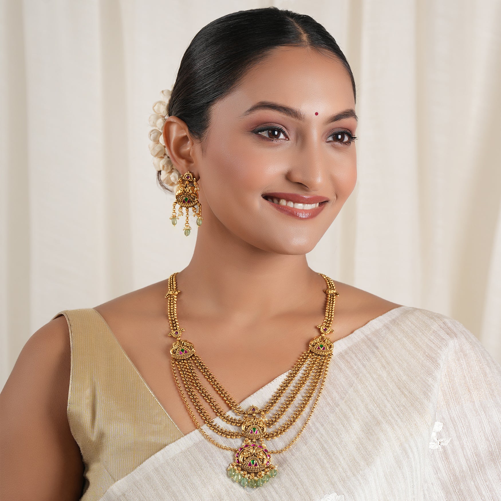 Beautiful long stone antique gold elephant layer neckalce set