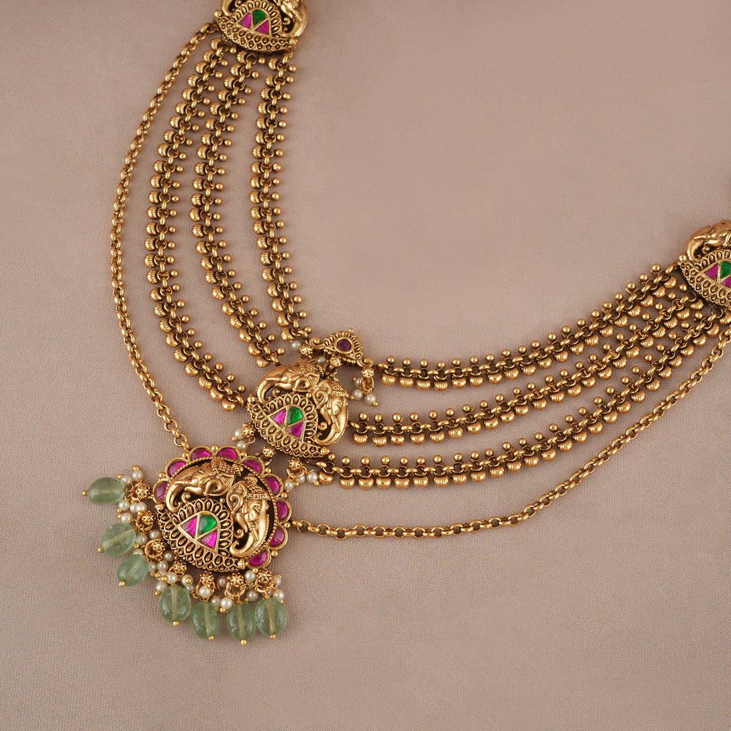 Beautiful long stone antique gold elephant layer neckalce set
