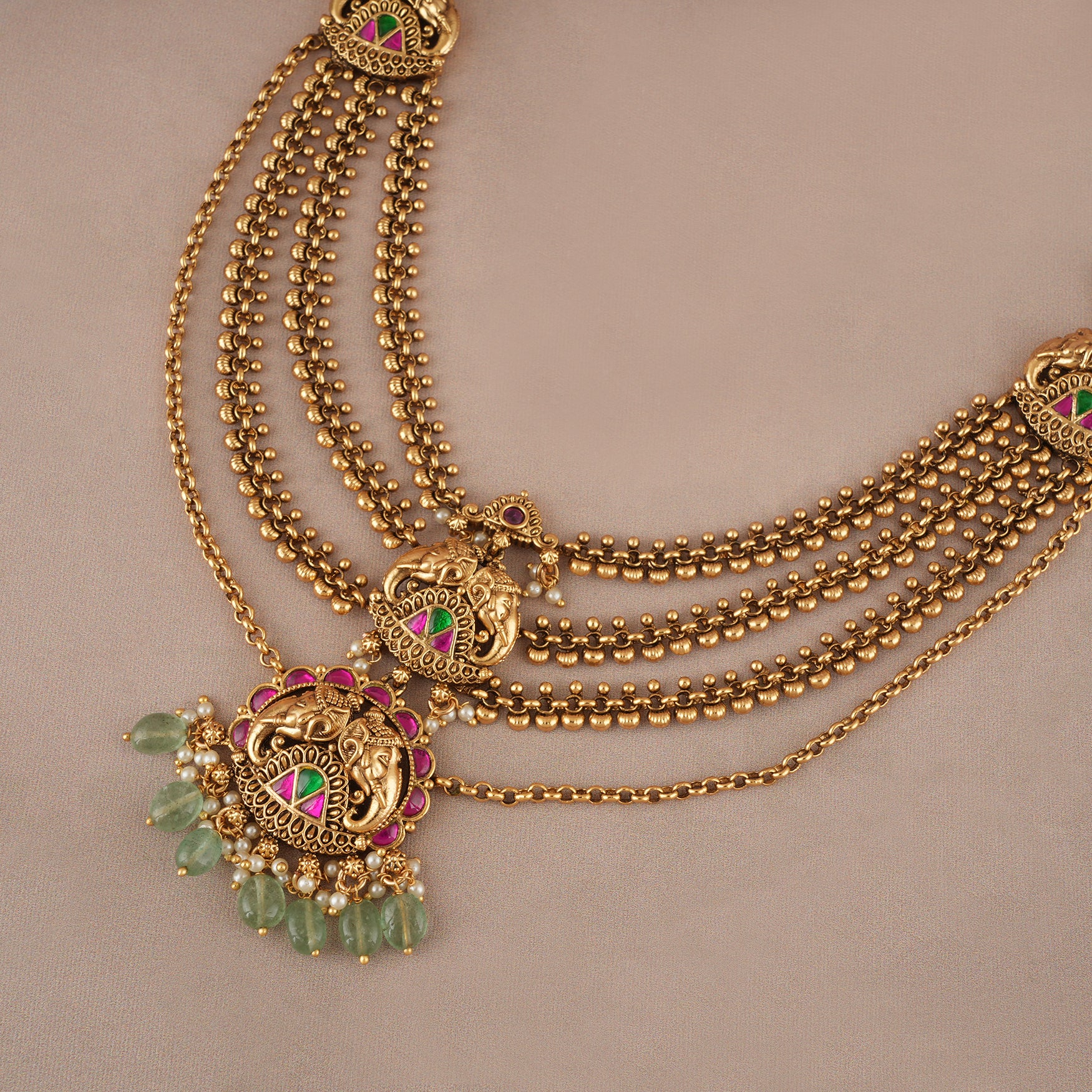 Beautiful long stone antique gold elephant layer neckalce set