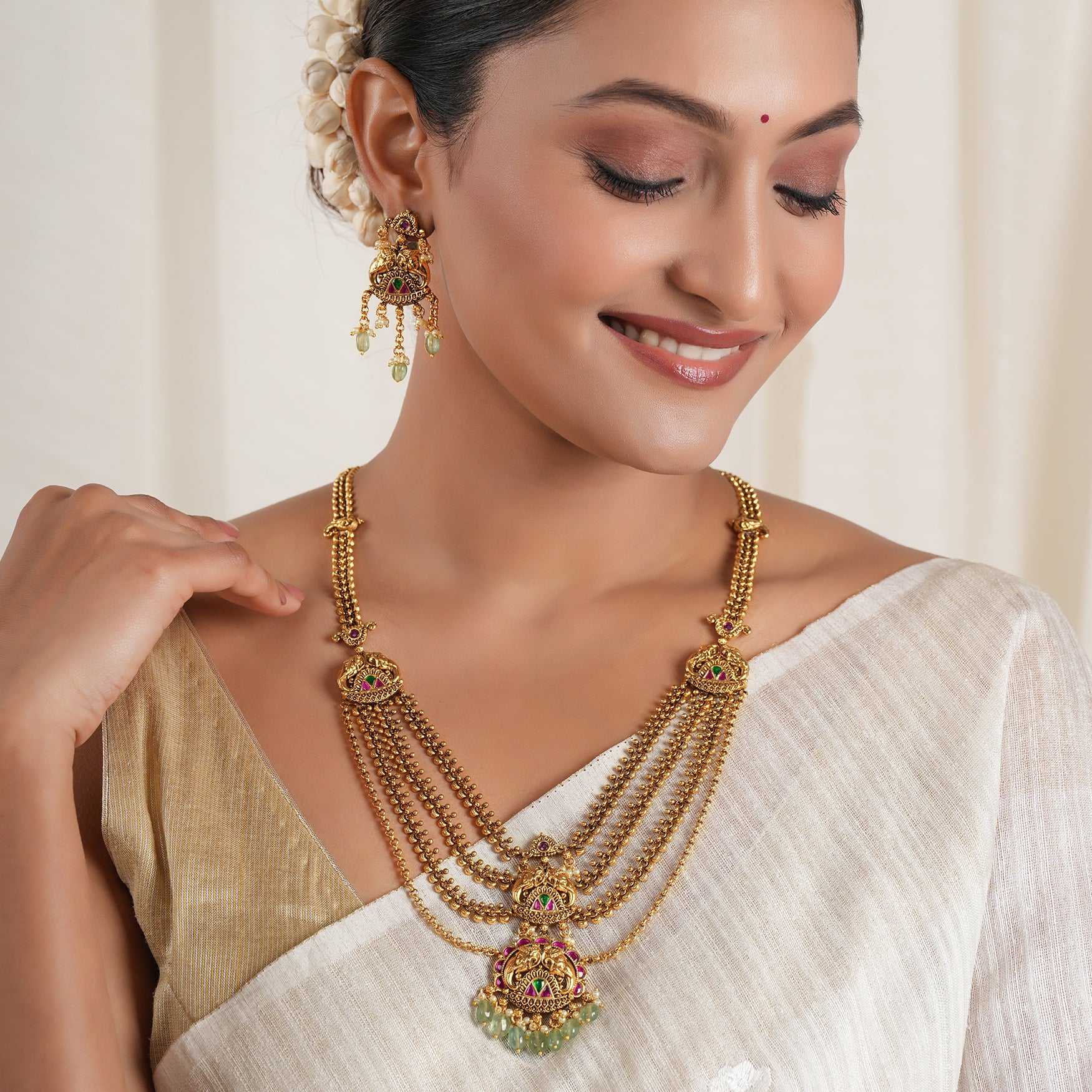 Beautiful long stone antique gold elephant layer neckalce set