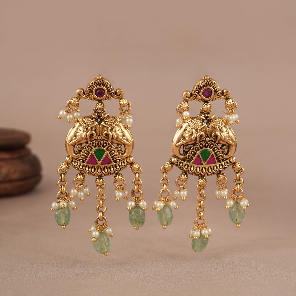 Beautiful long stone antique gold elephant layer neckalce set
