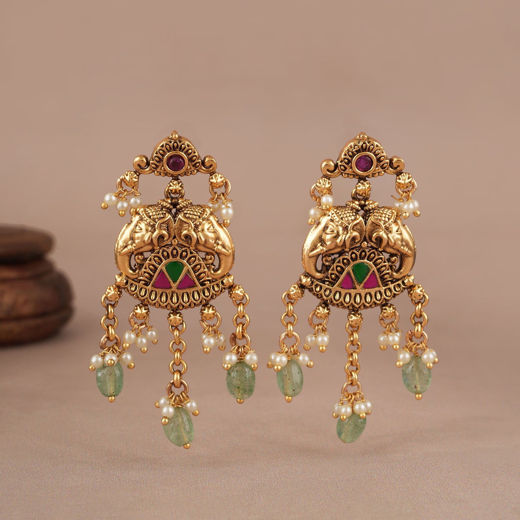 Beautiful long stone antique gold elephant layer neckalce set