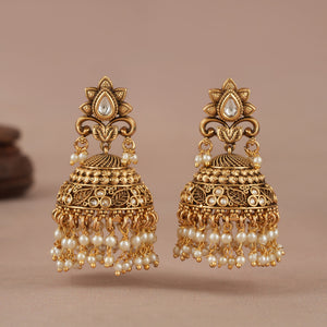 Stunning pearl drop big size antique gold jhumka earring