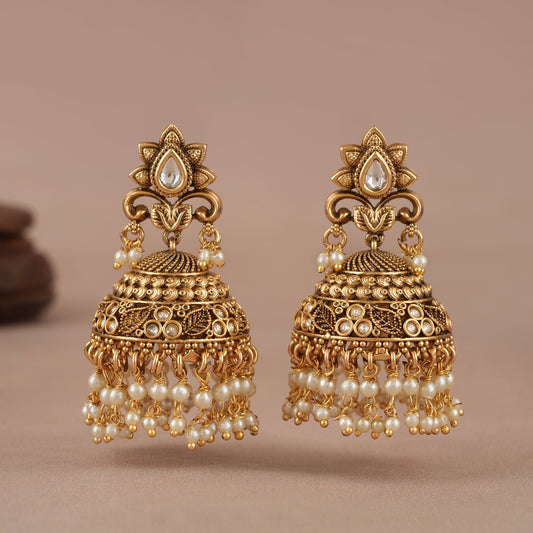 Stunning pearl drop big size antique gold jhumka earring