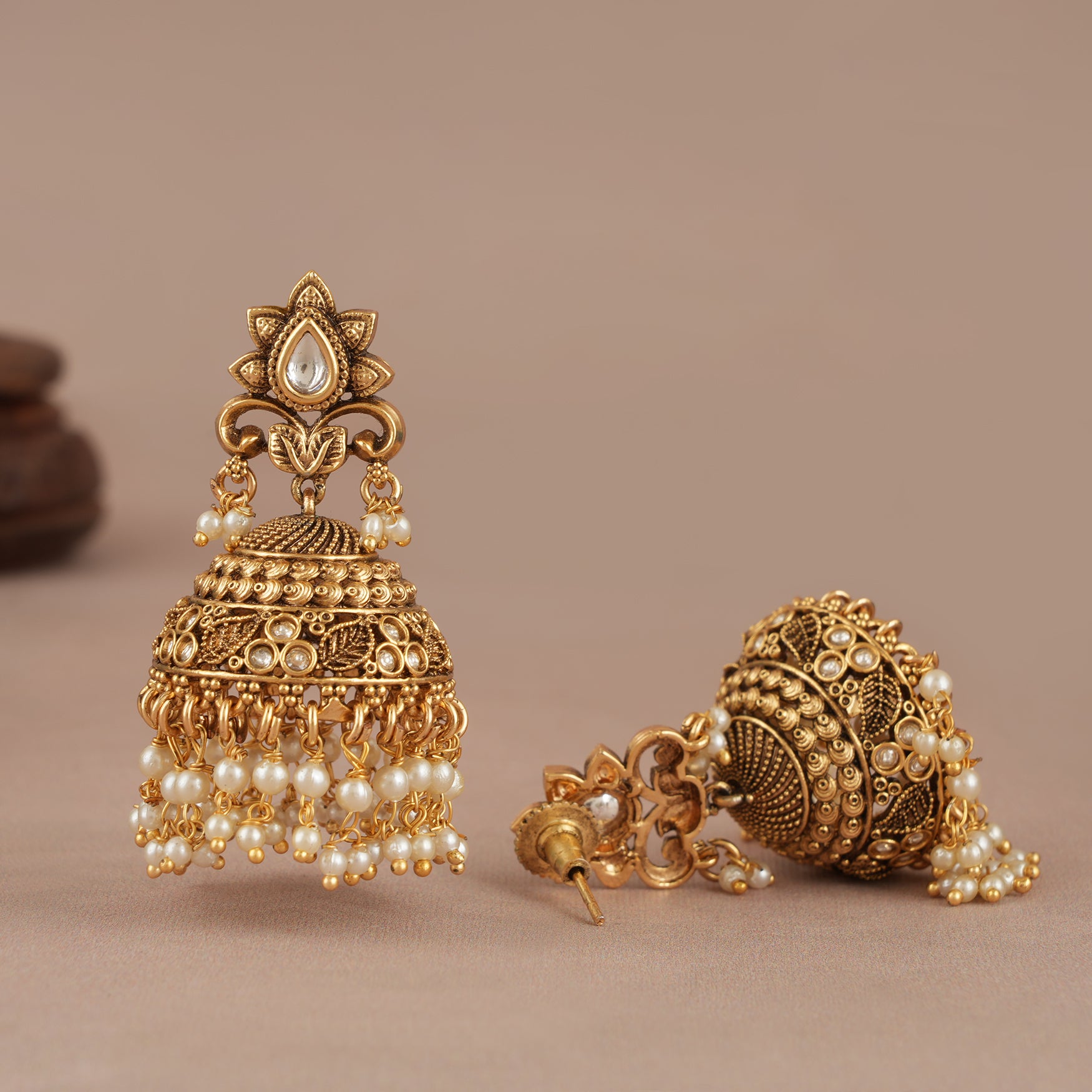 Stunning pearl drop big size antique gold jhumka earring