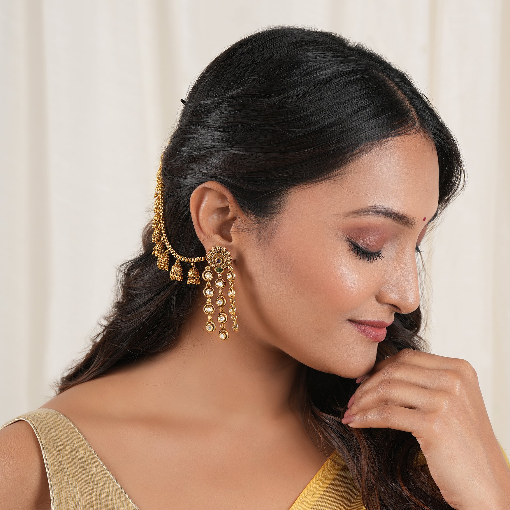 Amazing antique gold plain jhumka ear chain