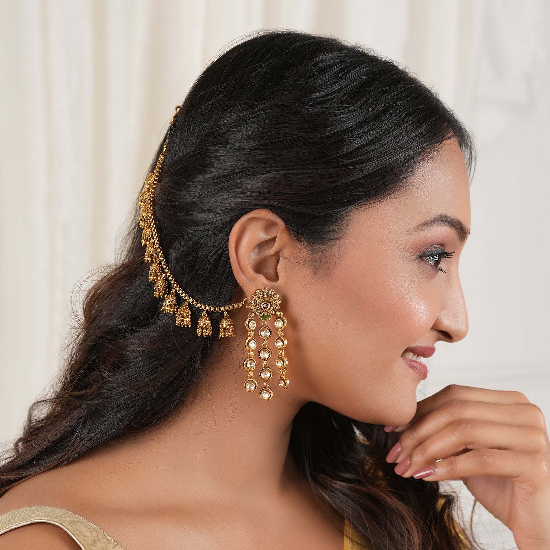 Amazing antique gold plain jhumka ear chain
