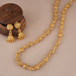 Long plain antique gold balls mala set with earring