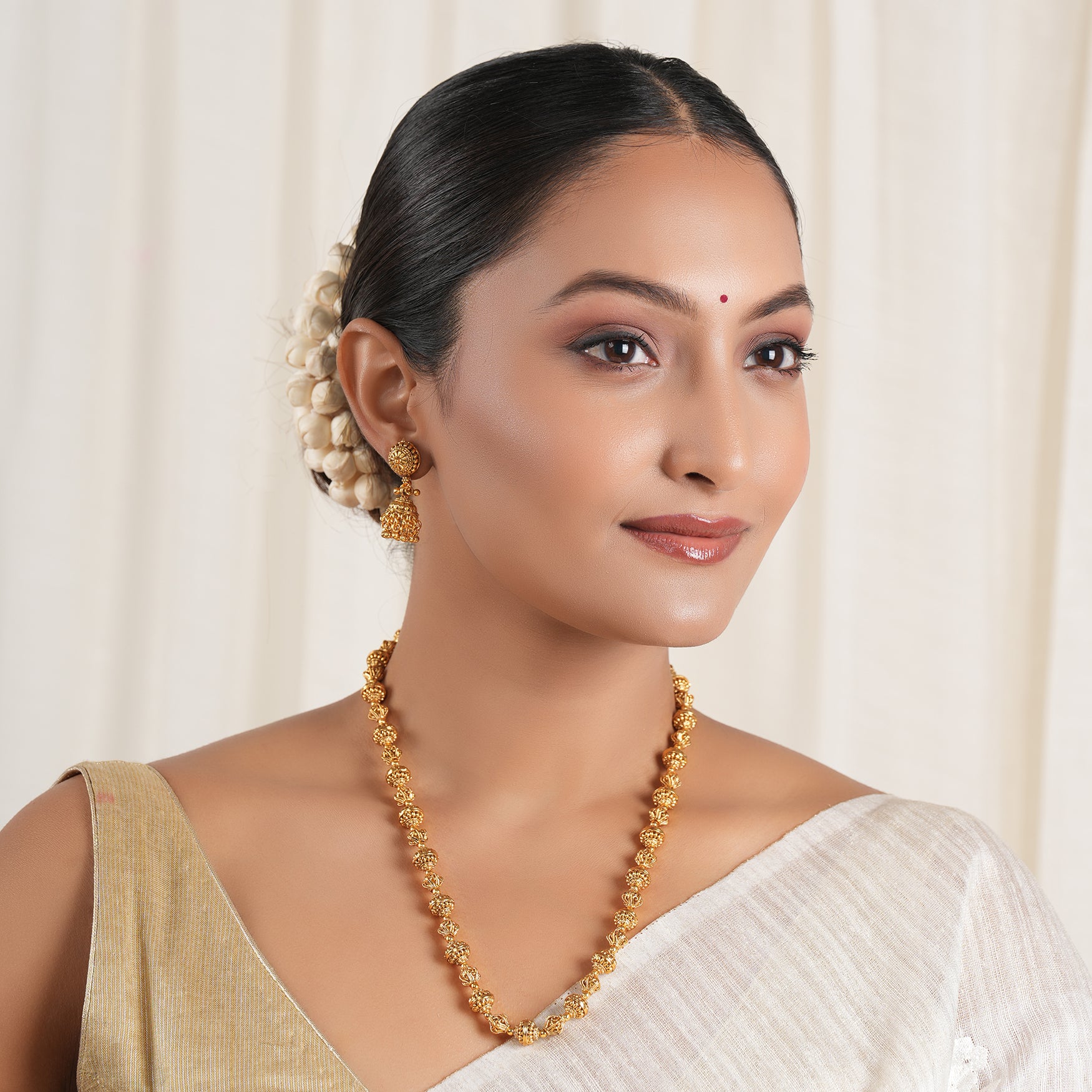 Long plain antique gold balls mala set with earring