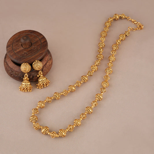 Long plain antique gold balls mala set with earring