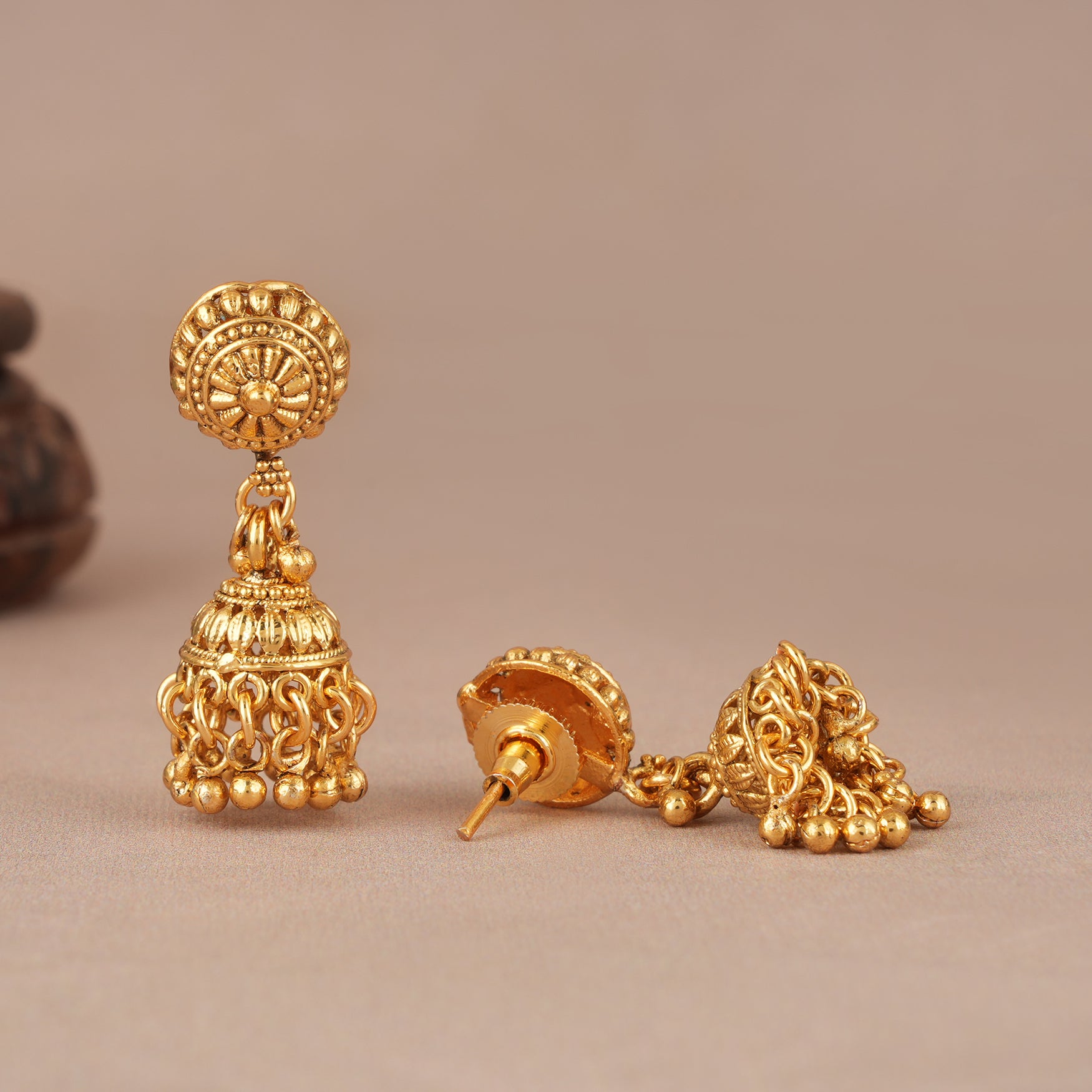 Long plain antique gold balls mala set with earring