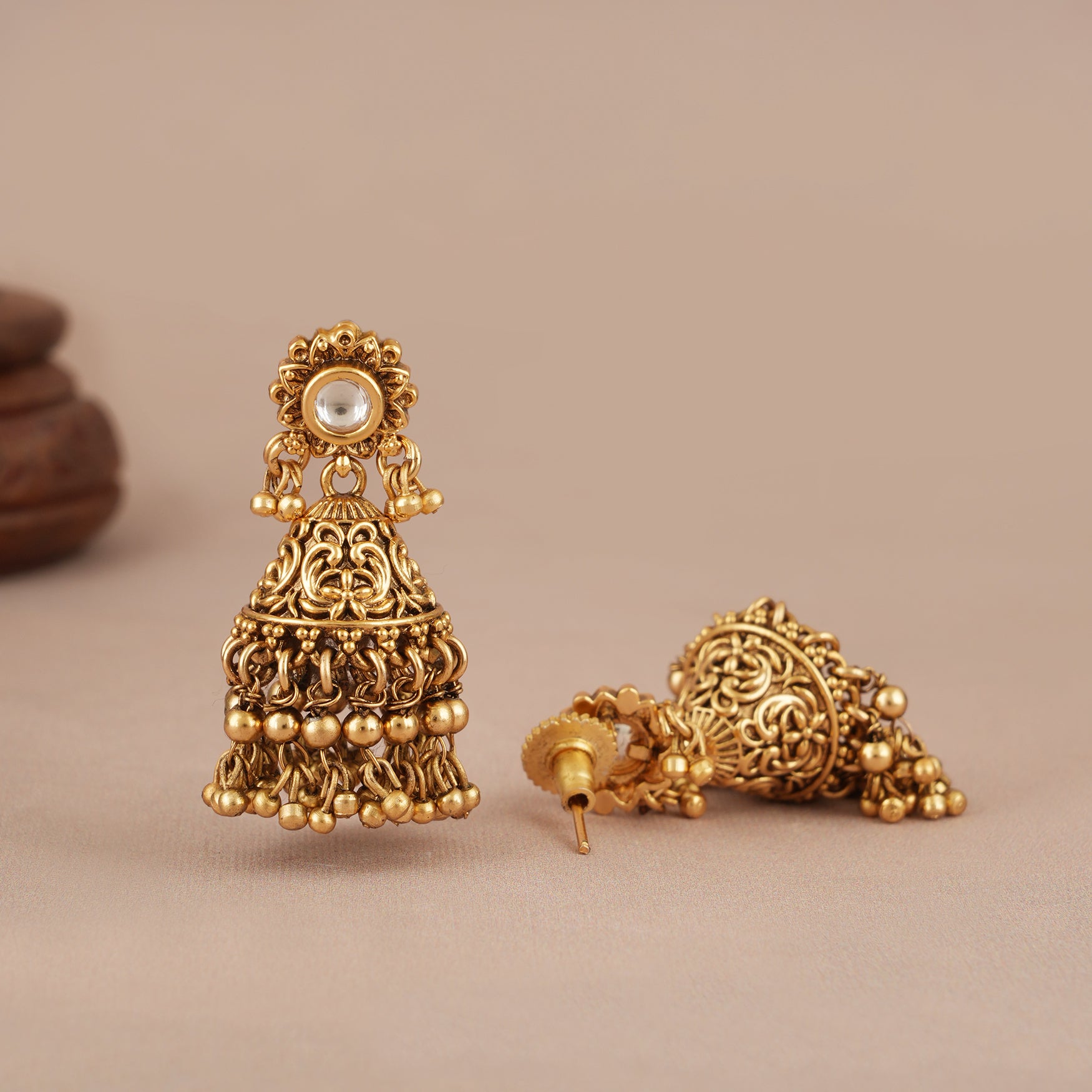 Elegant antique gold choker set with jhumka earring