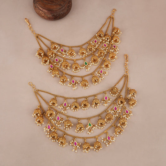 Amazing three layer stone antique gold ear chain