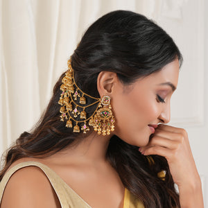 Amazing three layer stone antique gold ear chain