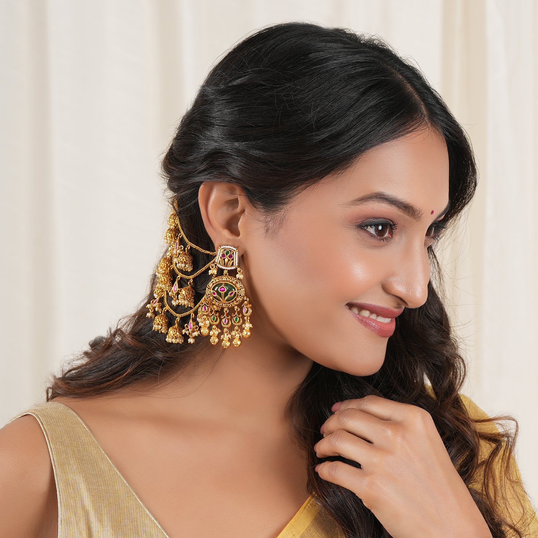 Amazing three layer stone antique gold ear chain