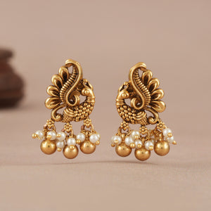 Pearl drop antique gold peacock earring