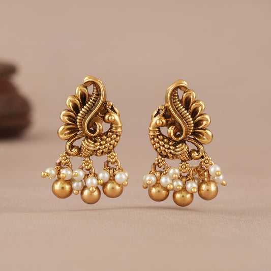 Pearl drop antique gold peacock earring