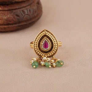 Stone antique gold adjustable finger ring