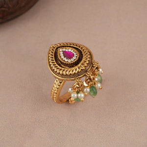 Stone antique gold adjustable finger ring
