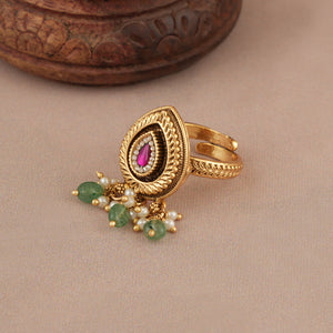 Stone antique gold adjustable finger ring