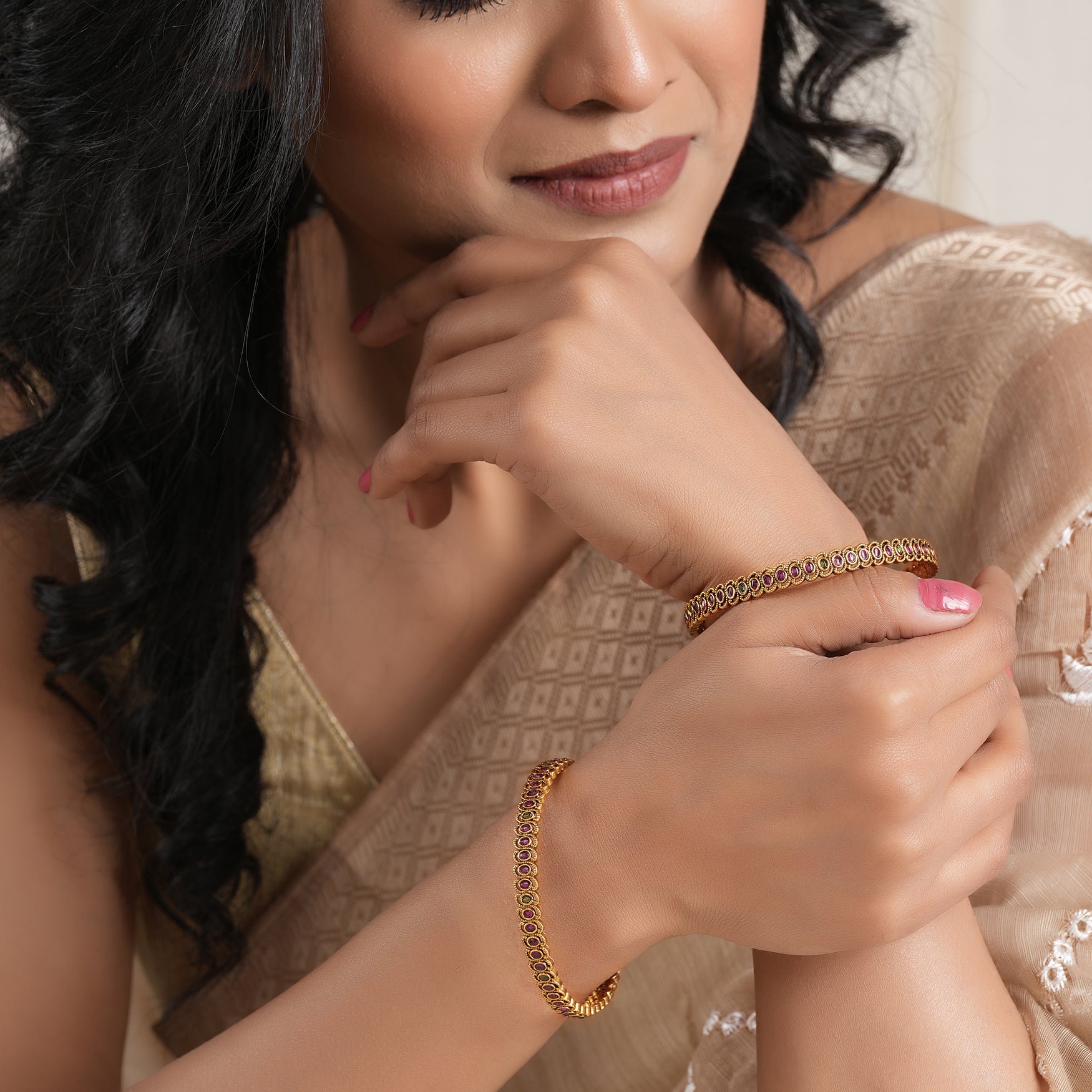 Sleek elegant multicolor antique gold bangle set