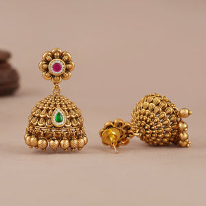 Stunning stone ball drop antique gold jhumka