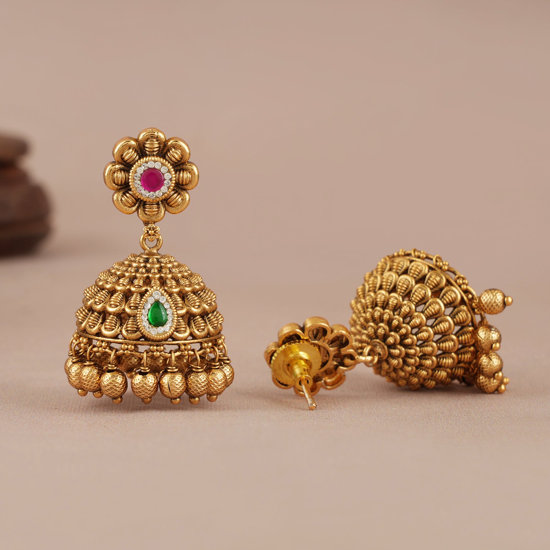 Stunning stone ball drop antique gold jhumka