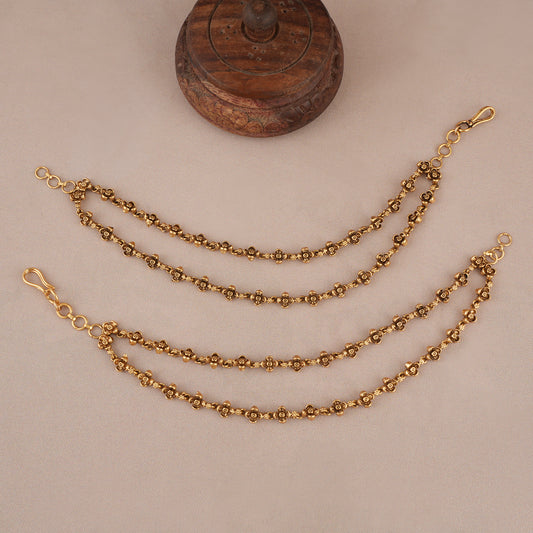 Elegant floral two layer antique gold ear chain