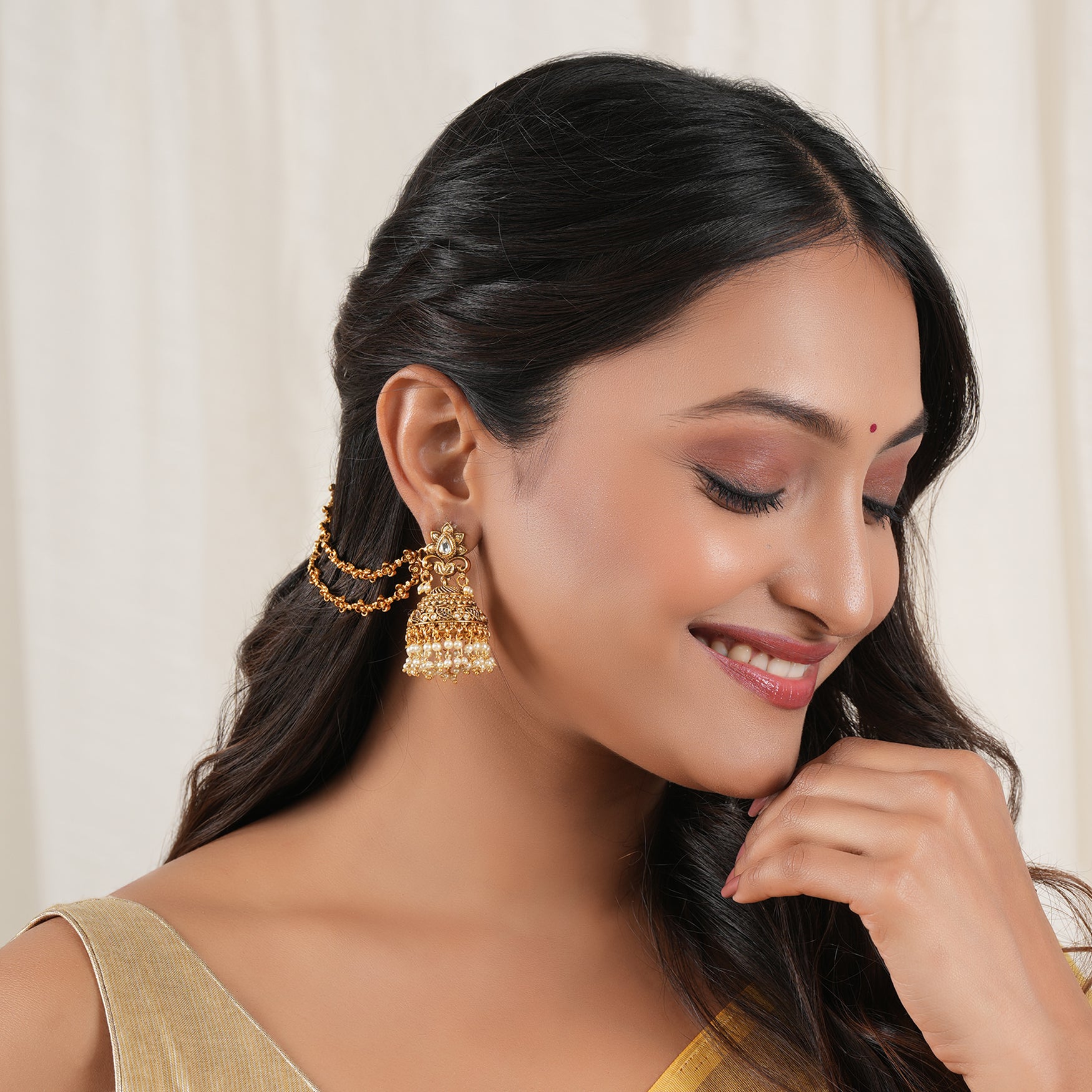 Elegant floral two layer antique gold ear chain