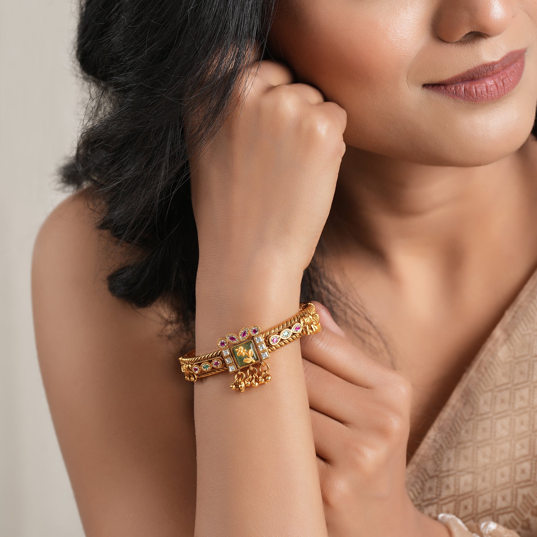 Stunning multicolor stone antique gold kada bangle