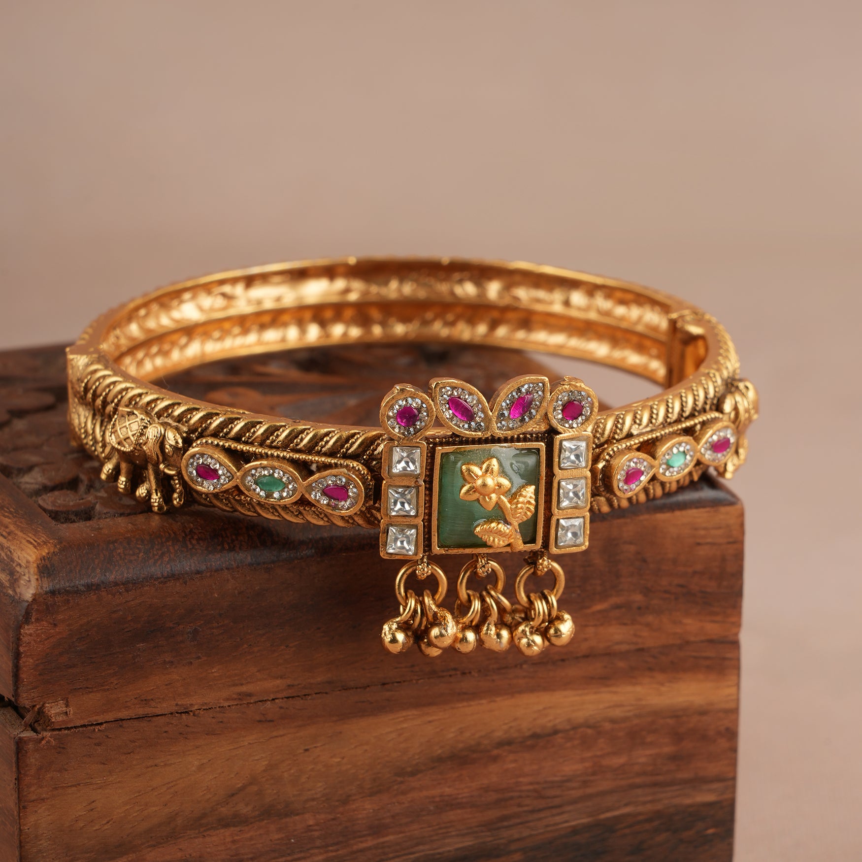 Stunning multicolor stone antique gold kada bangle