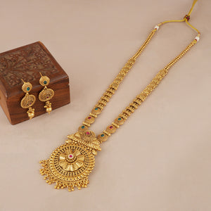 Long antique gold multicolor stone necklace set